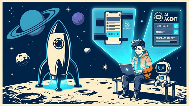 Illustrated learner building with AI beside a rocket