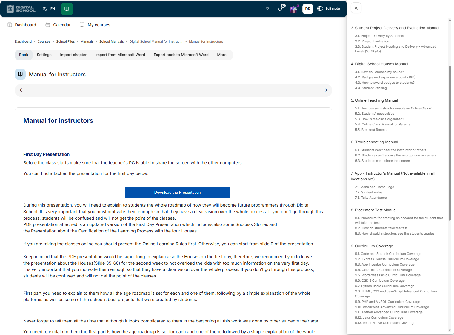 Digital School instructor manual with first-day preparation and a contents list covering project evaluation, teaching, troubleshooting and placement tests.