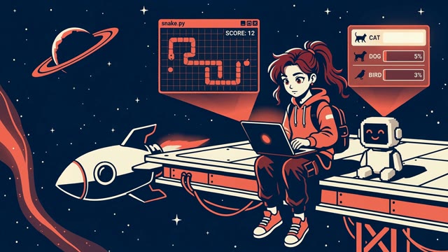 Illustrated learner coding on a red moon