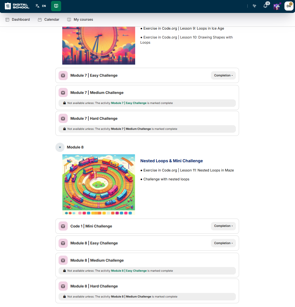 Digital School learning platform showing loop activities and easy, medium and hard challenge levels.